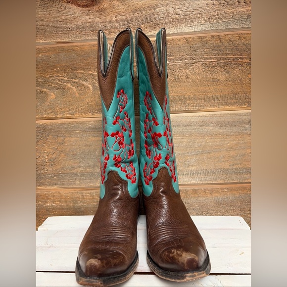 Vtg Y2k LANE Boots Floral Jade Sz 8.5 Embroidered Snip Toe Leather Cowgirl Boots - Picture 8 of 16
